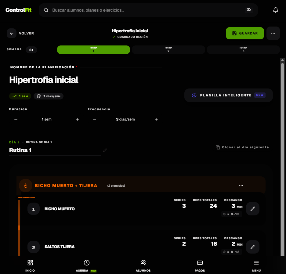 Panel de rutinas de ControlFit